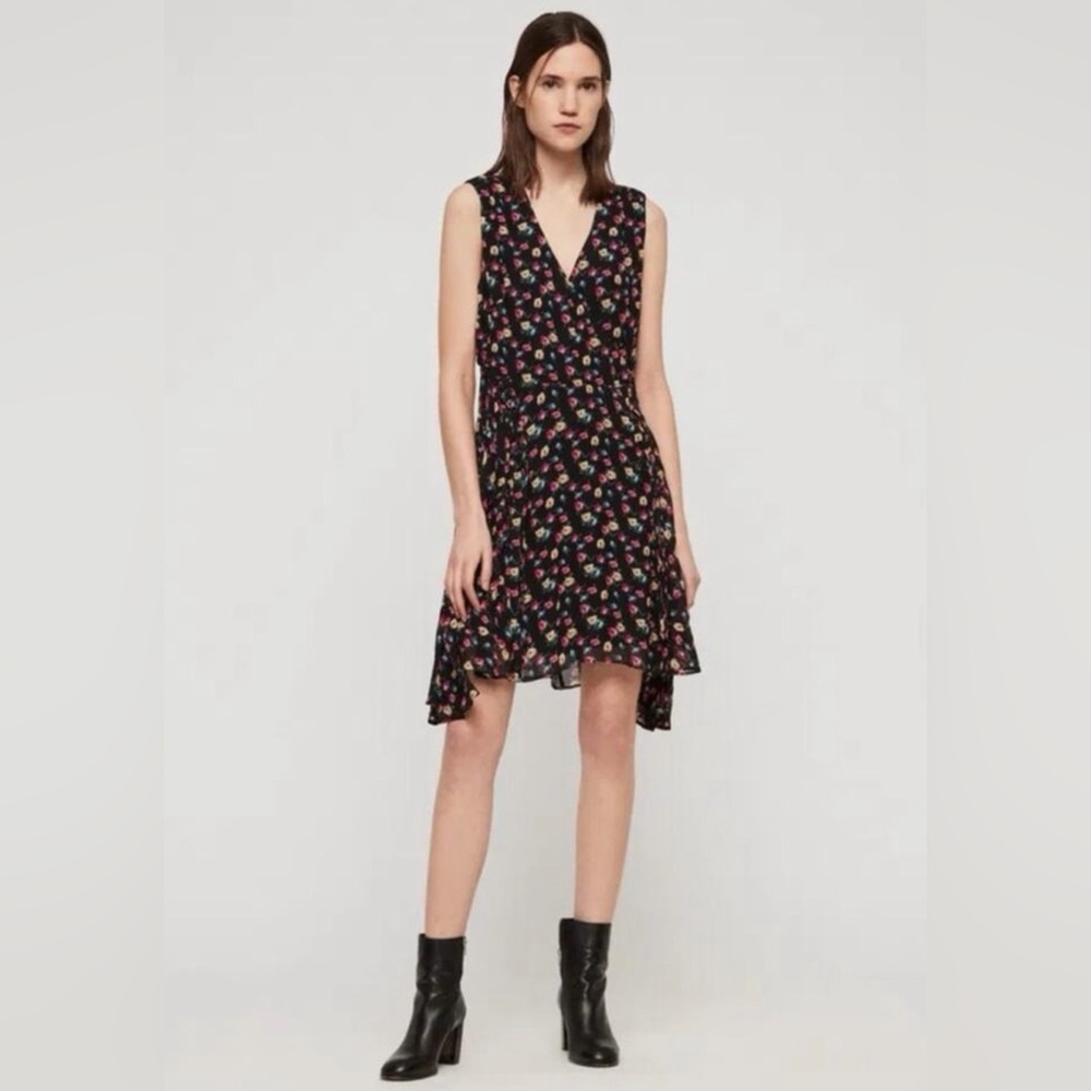 Allsaints Women Miller Kukio Floral Black Sleeveless Dress Size 00 US / UK 2